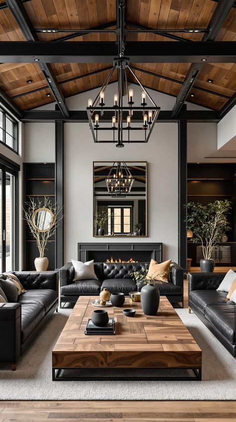 Industrial Farmhouse Living Room Feminine Industrial Living Room, Country Industrial Home, Organic Modern Industrial Decor, Industrial Farmhouse Decor Ideas, Modern Industrial Decor Living Room, Industrial Transitional Living Room, Industrial Loft Living Room, Industrial Lighting Ideas, Industrial Chic Living Room