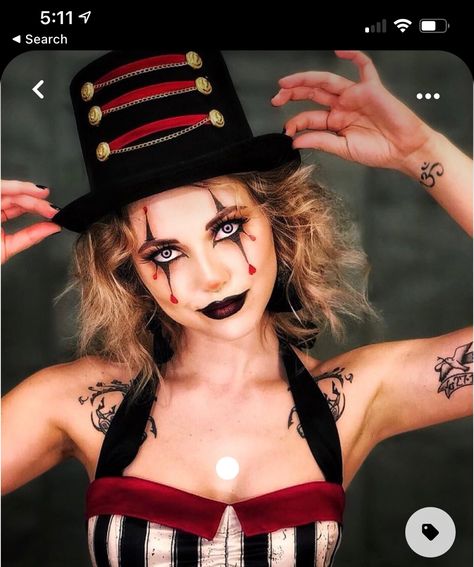 Clown Makeup Woman Halloween, Ring Mistress Halloween Makeup, Circus Costume Makeup, Ringmaster Halloween Makeup, Creepy Circus Makeup, Creepy Ringmaster Makeup, Creepy Carnival Makeup, Ringmaster Makeup Halloween, Freakshow Halloween Costume