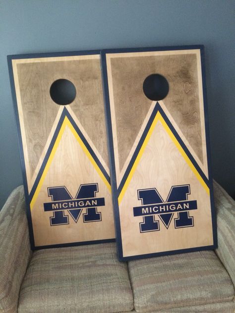 Michigan Wolverines                                                                                                                                                      More Michigan Cornhole Boards, Make Cornhole Boards, Cornhole Boards Designs, Corn Hole Boards, Wooden Creations, Corn Hole Diy, Cornhole Designs, Board Signs, Cornhole Board