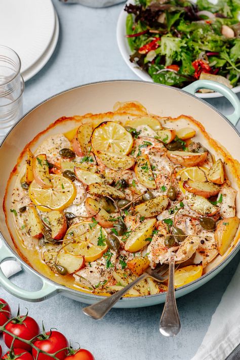 Fish With Potatoes Oven Baked, Fish With Potatoes, Greek Fish, Capers Recipe, Lemon Caper Sauce, Small Potato, Smashed Potatoes, Baked Fish, Potato Wedges