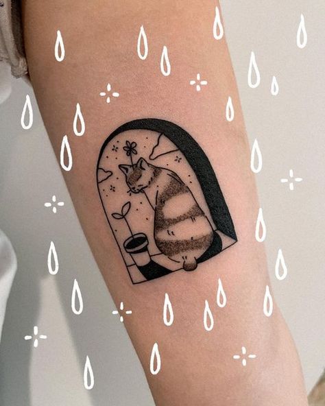 Dog Looking Out Window Tattoo, Cat Looking Out Window Tattoo, Bath Tub Tattoo, Windowsill Tattoo, Cat Window Tattoo, Cat In Window Tattoo, Window Tattoo, Dog Window, Water Tattoo