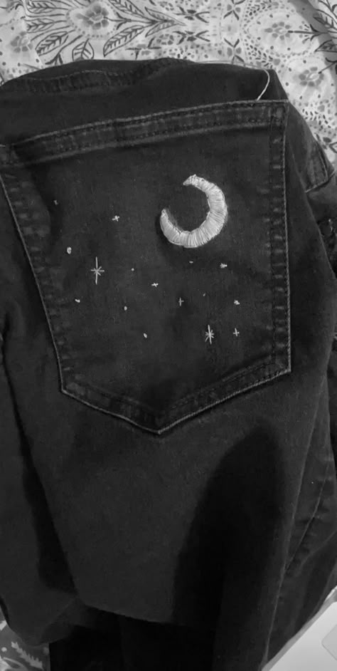 #embroidery #moon #stars #hobby #diy Embroidery On Pants Diy, Space Embroidery Jeans, Moon Star Embroidery, Cool Embroidery Ideas Simple, Embroidery Patterns Stars, Embroidered Moon And Stars, Moon And Star Embroidery, Black Jean Embroidery, Star Embroidery Jeans