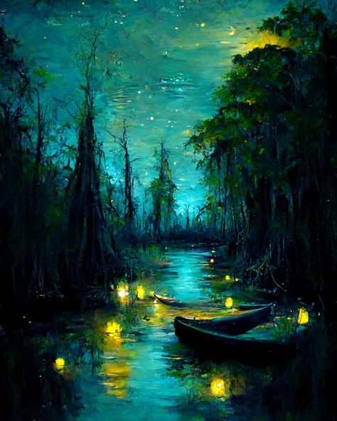 Digital print of a canoe in a bayou Swamp Acrylic Painting, Swamp Oil Painting, Drawn Scenery, Swamp At Night, Louisiana Aesthetic, Swamp Aesthetic, Swamp Frog, Swamp Painting, Swamp Art