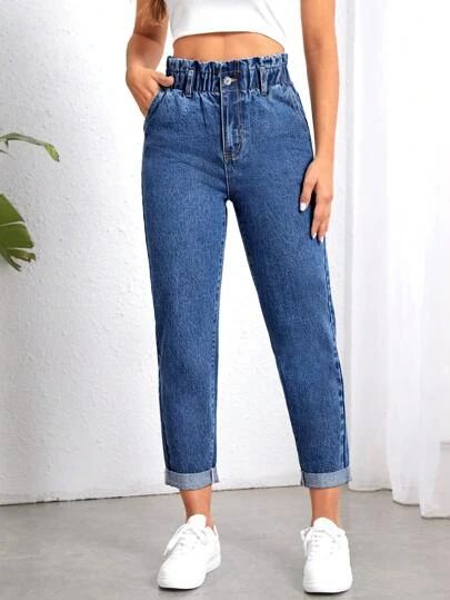 SHEIN SXY Roll Hem Skinny Jeans | SHEIN USA Mom Fit Jeans, Elastic Jeans, Moda Jeans, Jeans Mom, Men's Beauty, Rolled Hem, Cargo Jeans, Fit Jeans, Jeans Fit