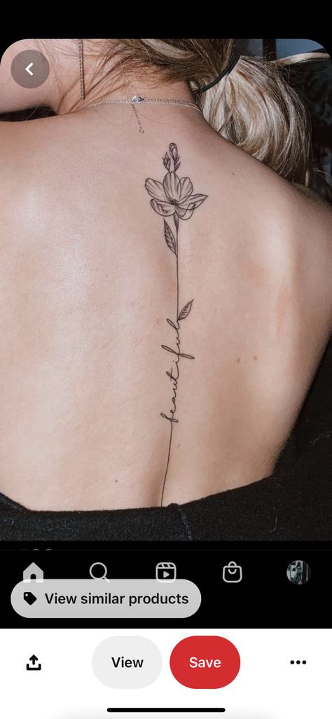 March Birth Flower Tattoo Spine, Fineline Flower Spine Tattoo, Flower Down Spine Tattoo, Flower Tattoo Words As Stem, Spine Tattoos For Women July Birth Flower, Long Stemmed Flower Tattoo, Flower Spine Tattoos With Words, Flowers With Words Tattoo Stems, Small Flower Spine Tattoo