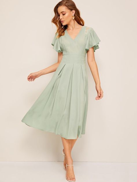 Flutter Sleeve Lace Insert Fold Pleated Dress | SHEIN Green Pleated Dress, Sage Green Dress, Flutter Dress, Dress Sleeve Styles, Cropped Tops, Chiffon Maxi, Flutter Sleeve Dress, Lace Insert, Maxi Dress Green