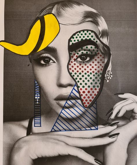 Pop art make-up, coloured makers on model, 2021 (4BE) Textiles Gcse, Pop Art Collage, Pop Art Fashion, Art Textiles, Collage Ideas, Art Model, Art Fashion, Art Collage, Collage Art