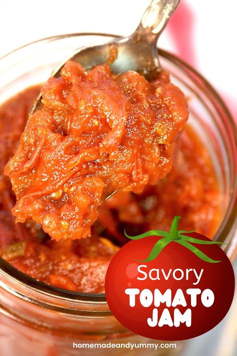 Savory Tomato Jam is thick and delicious. Made with fresh tomatoes and balsamic. #tomatojam #savorytomatojam #tomatopreserves #tomatochutney #freshtomatoes Jammy Tomatoes, Ww Sauces, Savory Tomato Jam, Tomato Preserves, Preserving Tomatoes, Tomato Jam, Bacon Jam, Fresh Recipes, Canadian Food