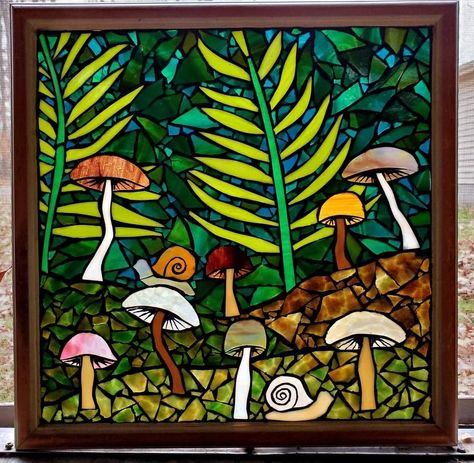 Stained glass mosaic window Mosaic Mushrooms Diy, Mushroom Mosaic, Forest Window, Stained Glass Mosaic Window, Mosaic Window, Garden Pavers, Mushroom Forest, Mosaic Art Projects, Glass Mosaics