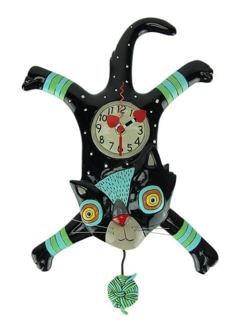 Attack Cat Whimsical Kitten Yarn Ball Pendulum Wall Clock Funny Cat Clocks | Home Pendulum Wall Clock, Cat Clock, Ball Of Yarn, Green Craft, Pendulum Clock, Cool Clocks, Whimsical Home, Whimsical Cats, Yarn Ball