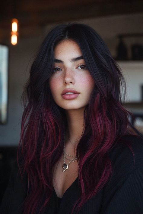 If you want contrast, combine burgundy with black for a two-tone effect. Black Burgundy Balayage, Wine Red And Black Hair, Black Hair With Red Balayage, Balayage Burgundy Hair, Black Hair Red Ombre, Burgandy Hair Highlight, Black Hair With Red Ends, Dark Brown Hair With Red Balayage, Maroon And Black Hair