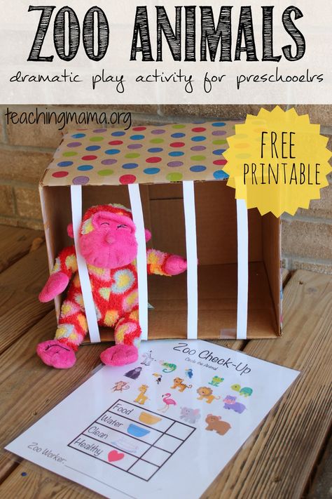 Zoo Animals Dramatic Play Activity for Preschoolers -- with a free printable! Zoo Lessons, Zoo Animal Activities, Preschool Zoo Theme, Dramatic Play Activities, Zoo Preschool, Zoo Crafts, Dramatic Play Themes, Animals Preschool, Zoo Activities