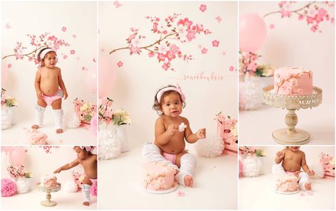 Cherry blossom cake smash, first birthday idea girl, floral cake smash Cherry Blossom First Birthday, Floral Cake Smash, Cherry Blossom Party, Cake Smash First Birthday, Indoor Shoot, Cherry Blossom Cake, Blossom Cake, Cake Photoshoot, Cake Smash Theme