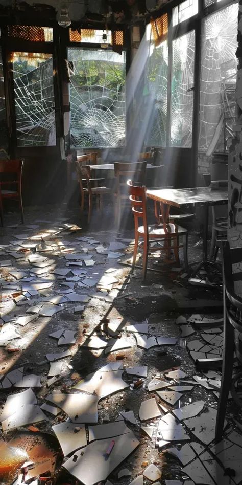 Full Color Image in ai-img-gen.com 🔸 Sunlight streams through shattered windows of a run-down eatery, casting broken patterns on the floo... 🔸 From Midjourney AI Image Smashed Window, Shattered Window, Boarded Up Windows, Boarding Up Windows, Broken Window, Goth Wedding, Color Image, Shattered Glass, Broken Glass