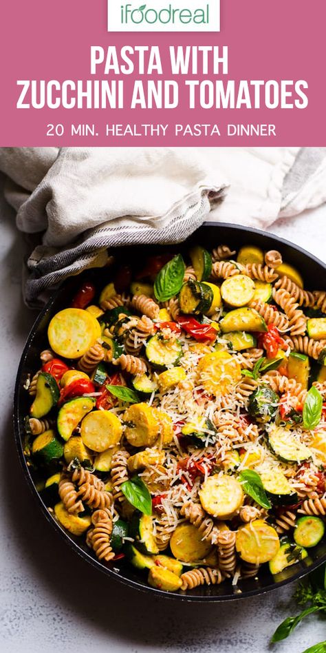 Who said dinner needs to take forever to make for it to be good? This quick and healthy pasta dish only needs 20 minutes and it's done for the whole family to enjoy! #ifoodreal #pasta #easy #dinner #vegetarian Pasta With Zucchini And Tomatoes, Zucchini And Tomatoes, Pasta With Zucchini, Shake It Up, Healthy Pasta Dishes, Zucchini Recipes Healthy, Breakfast Low Carb, Vegetarian Pasta Recipes, Quick Healthy Dinner