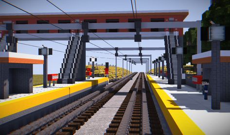 View from middle of tracks facing northbound. Minecraft Train Tracks, Minecraft Train Station, Underground Train Station, Minecraft Train, Minecraft Modern City, Minecraft Underground, Underground Train, Modern Minecraft Houses, Minecraft Create