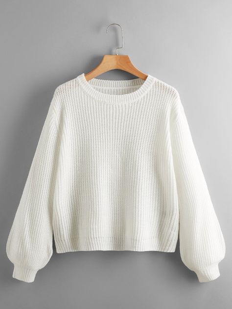 Plain Sweaters, Lantern Sleeve Sweater, Striped Knitted Sweater, White Knit Sweater, Solid Sweaters, Women Sweaters, Cute Preppy Outfits, Women Sweater, Ribbed Knit Sweater