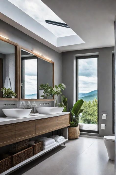 A compact bathroom filled with natural light from large windows and skylights Large Windows In Bathroom, Ceiling Window Bathroom, Bathroom With Natural Light, Bathroom With Large Window, Bathroom With Skylight, Bathroom With Big Window, Bathroom With Window, Bathroom Window Ideas, Big Bathroom Design