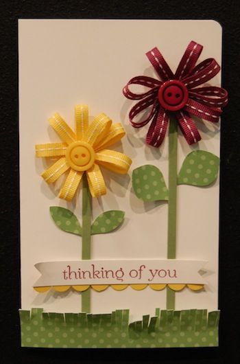 Ribbon Cards, Fabric Cards, 카드 디자인, Stamping Ideas, Button Cards, Button Crafts, Button Flowers, Lace Ribbon, Floral Cards