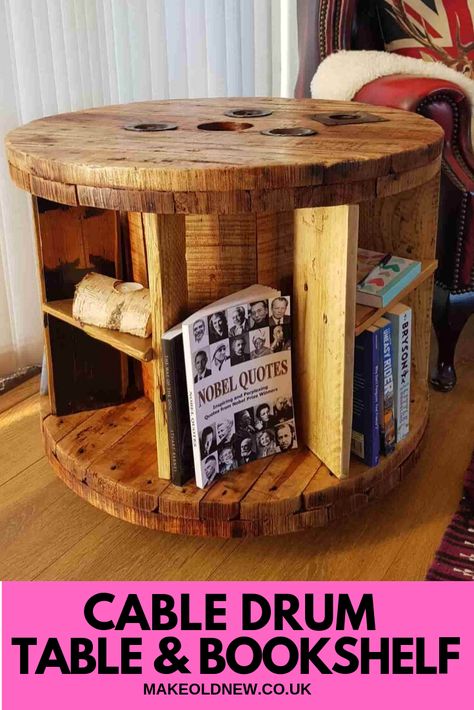 Drum Bookshelf, Wood Spool Coffee Table, Electric Spool Ideas Diy, Spool Bookshelf, Diy Spool Table, Cable Drum Ideas, Diy Cable Spool Table, Cable Drum Table, Spool Diy