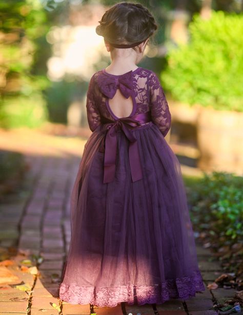 Plum Flower Girl Dresses, Lace Gown Dress, Purple Flower Girls, Purple Flower Girl Dress, Flower Girl Dresses Tutu, Girls Frock Design, Kids Designer Dresses, Dress Sash, Purple Long Sleeve