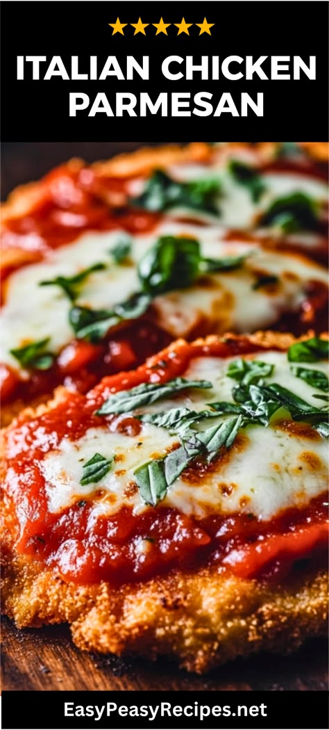 Looking for a comforting meal? This Savory Italian Chicken Parmesan is super easy to make and absolutely delicious! With perfectly breaded chicken, marinara sauce, and bubbling melted cheese, it's bound to impress your family and friends. Serve it up with pasta or a fresh salad for a complete dinner! Everyone will love this classic Italian favorite that's perfect any night of the week. Whether you're a beginner in the kitchen or a seasoned cook, this recipe is straightforward and sure to vanish quickly from your dinner table! Chicken Parmesan Marinara Recipe, Chicken And Marinara Recipes, Italian Chicken Parmesan Recipe, Italian Night Dinner Party, Italian Chicken Parmesan, Easy Italian Chicken, Chicken Parma, Crispy Chicken Parmesan, Crispy Breaded Chicken