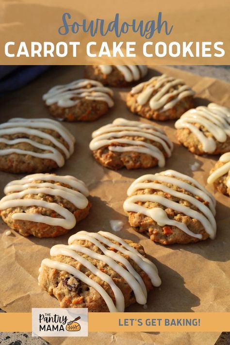 Sourdough carrot cake cookies combine everything you love about carrot cake and cookies in one perfect little fermented snack! Sourdough Carrot Cake, Carrot Cake Cookies Recipe, Pantry Mama, Sourdough Cookies, Using Sourdough Starter, Recipe Using Sourdough Starter, A Couple Cooks, Carrot Cookies, Sourdough Starter Recipes