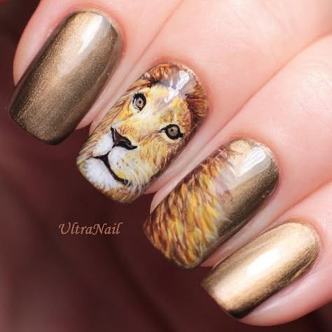 Simba Nail Art, Lion Nail Art, Lion King Nail Art, Tiger Nails Art, Tiger Inspired Nails, Hope Nails, Lion Nails, Animal Nail Designs, Freehand Nail Art