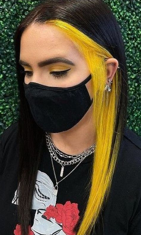 Beginner's Yellow Hair Bliss: Stunning Color Ideas Black Hair With Strip Of Color, Black Hair With Yellow Underneath, Pink And Yellow Peekaboo Hair, Half Black Half Yellow Hair, Black And Yellow Hair Dye, Yellow Color Block Hair, Yellow Money Piece Hair, Black Hair Yellow Highlights, Yellow Peekaboo Hair