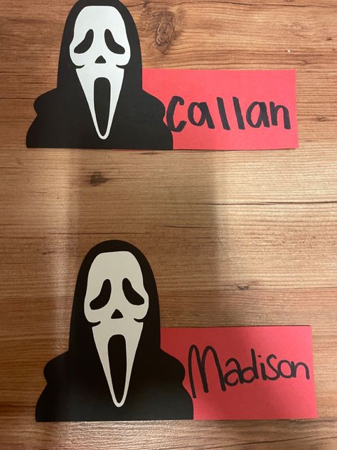 RA door decorations for the movei Scream. #halloween Halloween Door Tags Ra, Scream Door Decoration, Halloween Door Tags, Dorm Door Decorations Halloween, Reslife Door Decs, Halloween Door Decs Ra, Halloween Dorm Door Ideas, Halloween Door Decs, Door Decorations Ra