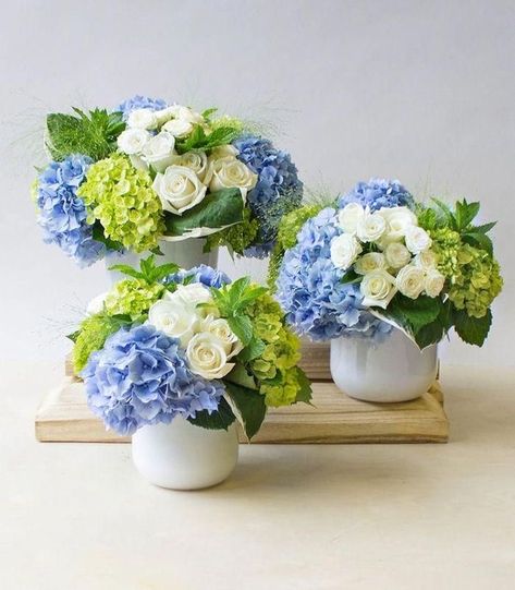 Centerpieces With Blue Hydrangeas, Grouping Floral Arrangements, Blue Floral Centrepiece, Floral Arrangements With Blue Hydrangeas, Dining Room Table Floral Centerpiece, Blue Hydrangea Arrangements Centerpieces, Blue And White Hydrangea Arrangements, Hydrangeas Floral Arrangements, Blue Hydrangeas Centerpiece