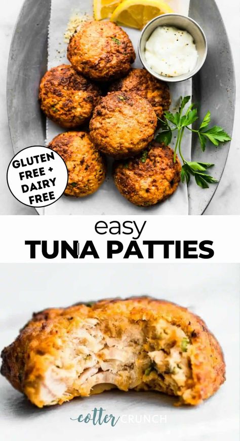 This Easy Tuna Patties Recipe features simple, gluten-free ingredients for a flavorful, budget-friendly meal or appetizer full of protein and nutrients. Cook the patties in the oven or air fryer, and serve them in gluten-free buns, on a salad, or with your favorite dip! Aip Tuna Patties, Gluten Free Tuna Cakes, Gluten Free Tuna Patties, Tuna Muffins Recipe, Tuna Nuggets Recipe, Tuna Patties Air Fryer, Aip Air Fryer Recipe, Tuna Snack Ideas, Baked Tuna Patties