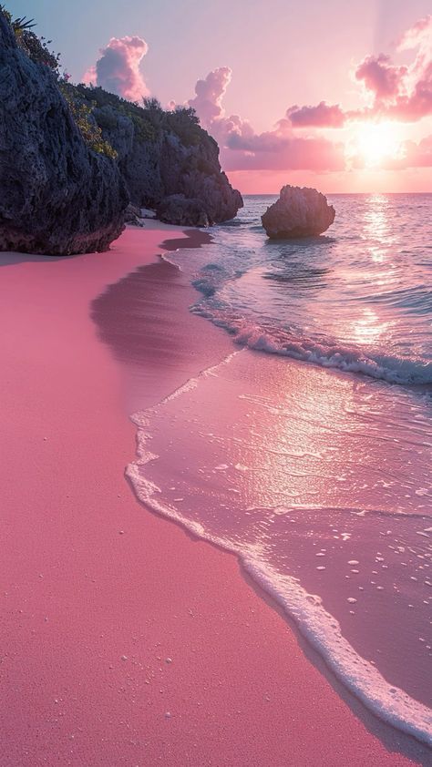 Blue Sand Beach, Pink Sand Beach Hawaii, Pink Sand Beach Bahamas, Pink Sands Beach, Pink Beaches, Pretty Beaches, Bermuda Pink, Pink Vacation, Beach Scene Painting