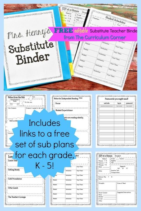 TEACHERS!!!! FREE Editable Sub Binder + FREE Sub Plans for K - 5! The Curriculum Corner Free Substitute Binder Printables, Substitute Teacher Forms Free Printable, Sub Folders For Teachers, Paraprofessional Binder Free, Sub Teacher Ideas, Substitute Teacher Forms, Substitute Teacher Binder, Substitute Folder, Substitute Ideas