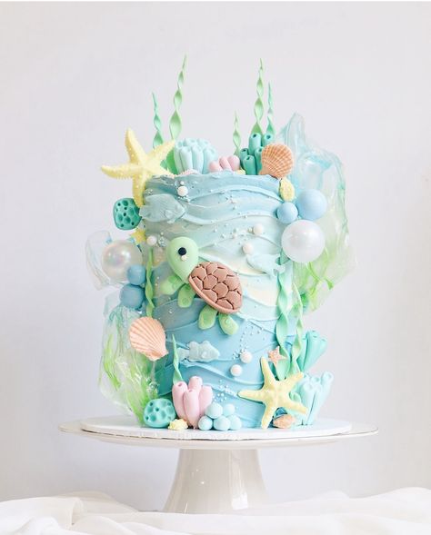 Oneder The Sea 1st Birthday Cake, Under The Sea Cake Ideas, Under The Sea Smash Cake, Under The Sea Theme Cake, Under Sea Cake, Rice Paper Sails, Under The Sea Birthday Cake, Sea Turtle Cake, Ocean Birthday Cakes