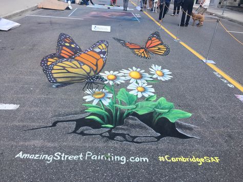 3d street painting done for the #InternationalStreetArtFestival #Cambridge #Canada 2017 #amazingstreetpainting #jenniferchaparro #3dart #butterflies #monarch #flowers #sidewalkchalk #streetart #chalk Butterfly Rangoli, Sidewalk Chalk Ideas, Chalk Art Festival, Street Painter, 3d Street Painting, Street Chalk Art, 3d Rangoli, Fun Chalk Art, Chalk Artist