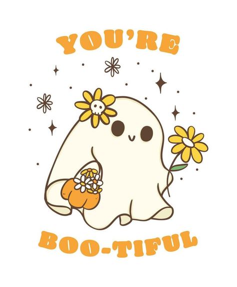 Flower Kawaii, Cute Halloween Ghost, Cartoon Doodle, Cute Ghosts, Halloween Flowers, Paint Water, Outline Drawing, Free Business Card Mockup, Spooky Ghost