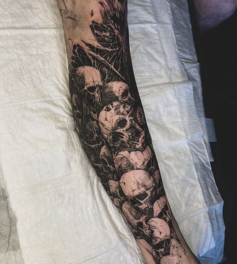 Tattoo Sleeve Women Skull, Memento Mori Tattoo Sleeve, Alt Forearm Tattoos, Skull On Shoulder Tattoo, Sleeve To Hand Tattoo, Graveyard Sleeve Tattoo, Dark Art Tattoo Ideas Sleeve, Goth Half Sleeve Tattoo, Gothic Male Tattoos