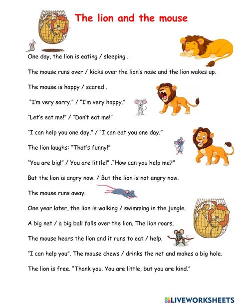 Lion And Mouse Story Pictures, Story Sequencing Worksheets, Animal Cell Project, The Lion And The Mouse, Cell Project, Cells Project, Lion And The Mouse, Basic English Sentences, Sequencing Worksheets