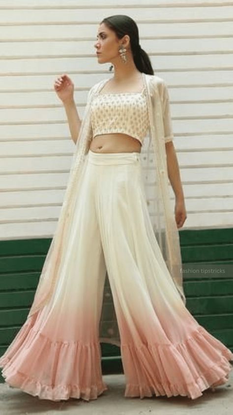 Top And Palazzo Set, Sarara With Crop Top And Jacket, Crop Top Palazzo With Jacket Indian, Western Outfits Women For Party, Crop Top With Plazo Indian, Pant And Blouse Outfit Indian, Crop Top Pants Set Indian, 2 Piece Indian Outfit, Palazoo Sets Crop Tops Indian