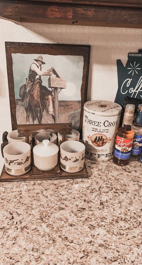 Southwestern Coffee Bar, Western Kitchen Apartment, Western Coffee Table Decor Ideas, Simple Western Kitchen, Western Decor Above Kitchen Cabinets, Western Apartment Decor Kitchen, Western Coffee Bar Ideas, Country Western Kitchen, Western Ranch Decor