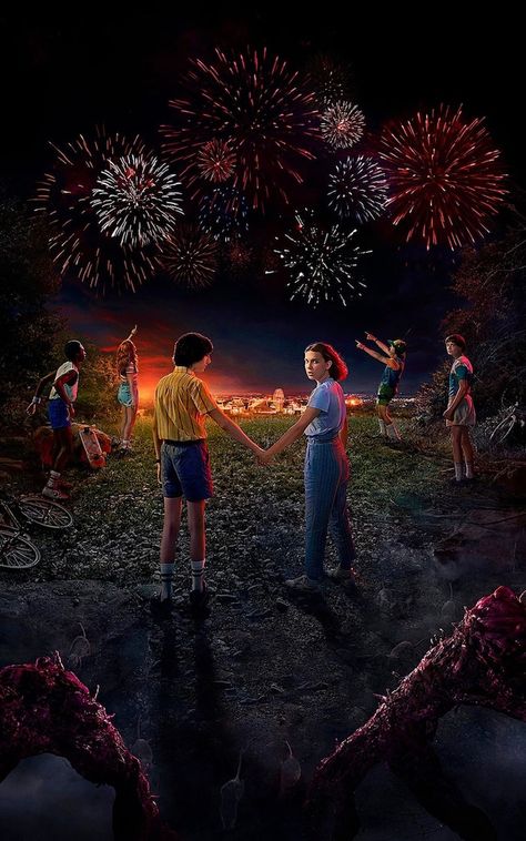 stranger-things-desktop-wallpaper-mike-eleven-holding-hands-lucas-dustin-max-will-around-them-looking-at-4th-july-fireworks Stranger Things Aesthetic Wallpaper, Stranger Things 2017, Starnger Things, Things Wallpaper, Watch Stranger Things, Stranger Things Poster, Stranger Things Kids, Stranger Things Actors, Stranger Things Art