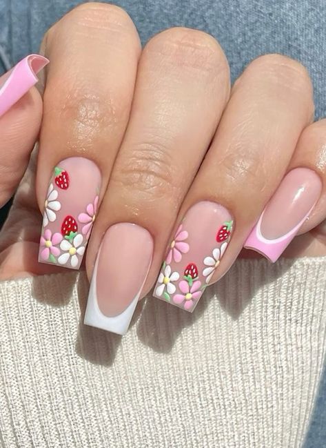 Pink Accent Nail Ideas, Summer Nail Flower Designs, Strawberry Nails Designs Summer, Summer Strawberry Nails, Girly Acrylic Nails Summer, Strawberry Nails Square, Long Square Nails Design Ideas Summer, Flower Nails With Rhinestones, Flower Manicure Designs