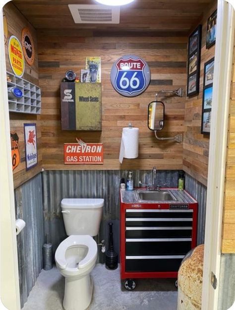 Garage Bathroom Ideas, Shop Bathroom Ideas, Home Bar Ideas, Garage Bathroom, Man Cave Bathroom, Mechanic Shop, Metal Artwork Wall, Automotive Decor, Garage Shop