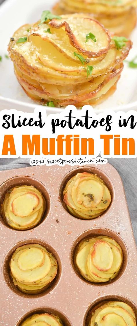 Potatoes In Muffin Tin Recipe, Potatoes In A Muffin Tin, Potato Stacks Muffin Tins, Muffin Tin Potatoes, Potato Side Dishes Easy, Baked Potato Slices, Potato Stacks, Potato Muffins, Potato Recipes Side Dishes