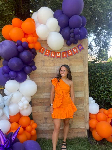 Purple And Orange Party Decorations, Clemson Themed Graduation Party, University Of Florida Graduation Party, Graduation Party Ideas Preppy, Clemson Bed Party, Blue And Orange Graduation Party Ideas, Clemson Graduation Party, Clemson Party, Colorful Graduation Party