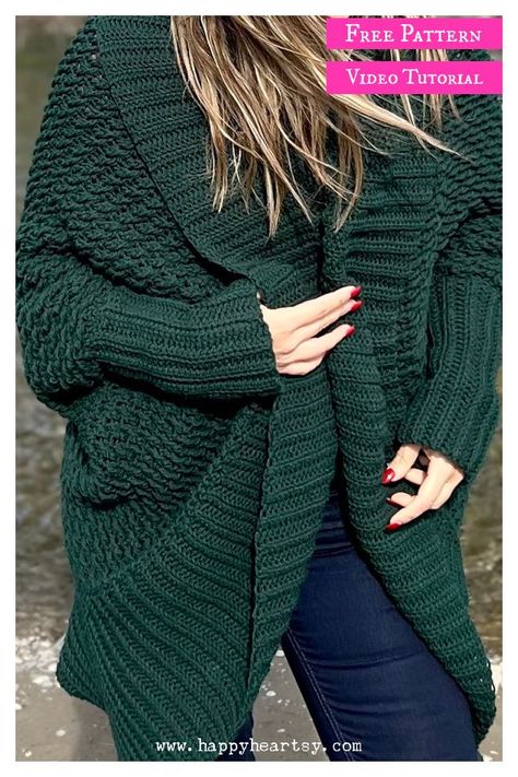 Evergreen Cocoon Shrug Free Crochet Pattern and Video Tutorial Shrug Pattern Free, Crochet Cocoon Shrug, Crochet Cocoon, Long Knit Sweater, Cardigan Casual, Stylish Coat, Bat Sleeve, Cardigan Long, Long Sweaters Cardigan