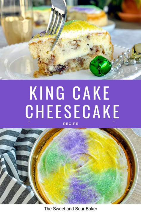 King Cake Cheesecake — The Sweet & Sour Baker King Cake Birthday Cake, Mini King Cake Recipe, King Cake Poke Cake, King Cake Desserts, King Cake With Cream Cheese Filling, Mardi Gras Cheesecake, Mardis Gras Food, King Cake Cheesecake Recipe, Cream Cheese King Cake Recipe