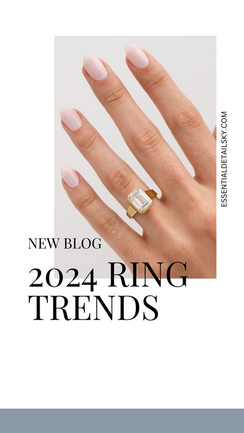 Discover the hottest engagement ring trends for 2024: from classic "toi et moi" designs to bold chunky gold bands, and even rings featuring vibrant colored gemstones.  Get inspired! 2024 Ring Trends, Ring Trends 2024, Wedding Ring Trends 2024, 2024 Wedding Ring Trends, Trendy Engagement Rings 2024, Engagement Ring Trends 2023, Engagement Ring Trends 2024, Popular Engagement Rings 2024, 2024 Wedding Rings