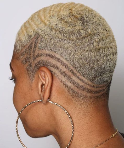 White Gold Waves with Etched Side Design 3c Natural Hair, Short Natural Haircuts, Short Hair Designs, Natural Curly Hair Cuts, Haircuts For Black Women, Shaved Hair Designs, Natural Hair Cuts, Natural Hair Short Cuts, Ethnic Hairstyles